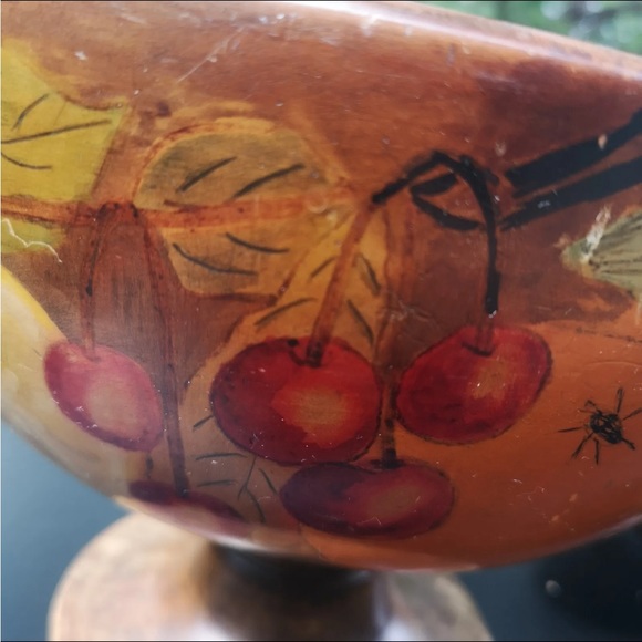 Vintage Wooden Fruit Painted Pedestal Bowl, 7.5" Tall and A Money Pod Wood Apple - Picture 2 of 9
